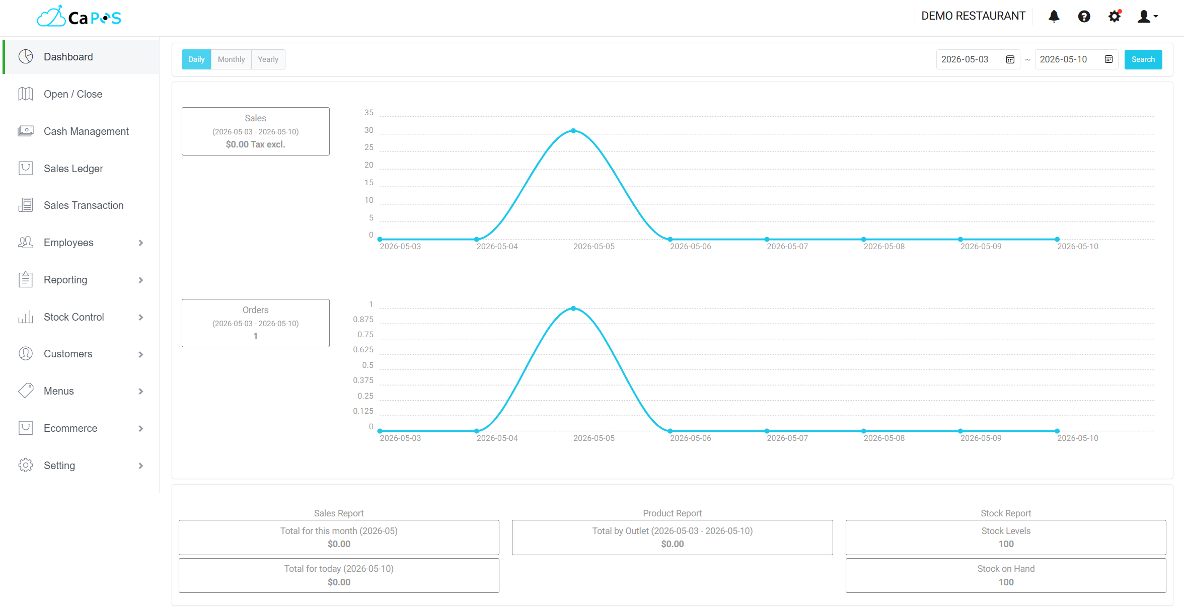 CaPOS Sales Reports with revenue, cost, and tax summary