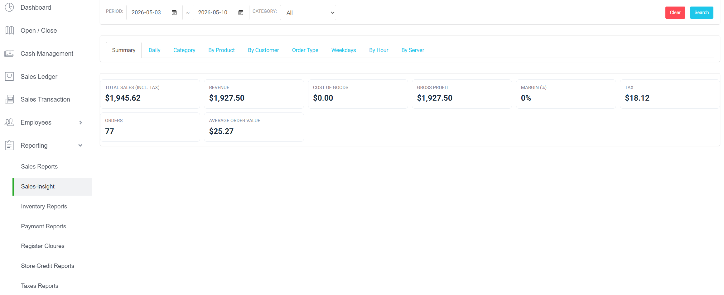 CaPOS Sales Insights dashboard with detailed reporting metrics